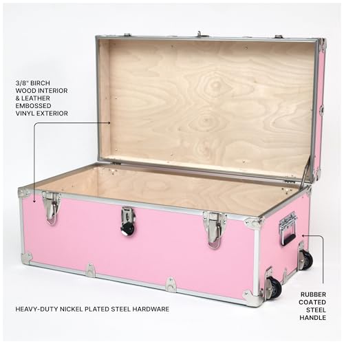 Rhino Trunk & Case Large Essential Trunk With Wheels 32”x18”x14”, 1000+ lbs Capacity - Many Colors. Strong, USA Made Summer Camp Footlocker, and Secure College Dorm Storage Chest - color: Pink
