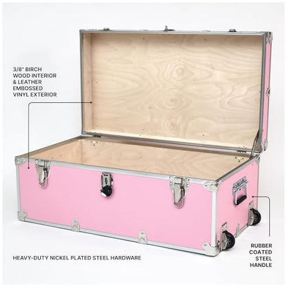 Rhino Trunk & Case Large Essential Trunk With Wheels 32”x18”x14”, 1000+ lbs Capacity - Many Colors. Strong, USA Made Summer Camp Footlocker, and Secure College Dorm Storage Chest - color: Pink