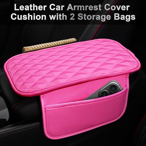 CAR PASS 3D Rhombus Pink Leather Steering Wheel Cover Car Accessories Set, Center Console Armrest Cushion with Storage Bags 2 Non-Slip Cup Coasters, 14.5-15in Cute Car Interior Sets, 4 PCS Hot Pink - color: Hot Pink