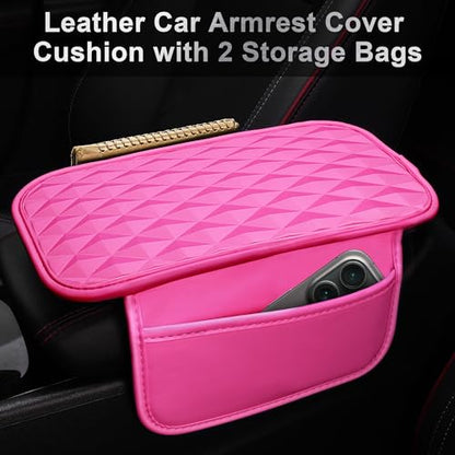 CAR PASS 3D Rhombus Pink Leather Steering Wheel Cover Car Accessories Set, Center Console Armrest Cushion with Storage Bags 2 Non-Slip Cup Coasters, 14.5-15in Cute Car Interior Sets, 4 PCS Hot Pink - color: Hot Pink