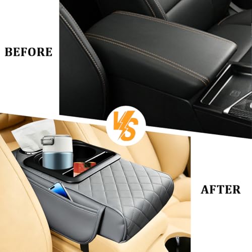 Car Center Console Armrest Box Mat, Nappa Leather Armrest Box Cover with Tissue Box, Cup Holder & Phone Holder, Middle Console Arm Rest Protection Pillow, Universal for Vehicles (Gray) - color: Gray
