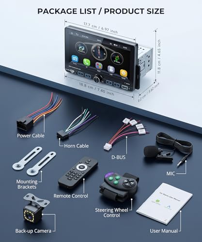 Single Din Radio Car Stereo with Wireless/Wired CarPlay & Android Auto, 7'' Single Din Touchscreen with BT,Mirror Link,FM/AM/RDS,EQ,USB/Type-C,Rear View Camera,SWC,Mic - style: Dual USB & Bottom Buttons