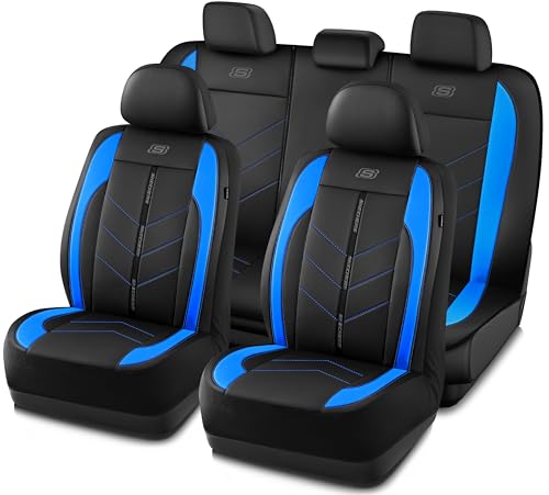 Skechers Car Seat Covers,Luxury Faux Leather Seat Covers,Waterproof Anti Slip Car Seat ProtectorFull Set,Car Accessories Airbag Universal Fit for Most Cars,Vans,Trucks,SUV,Blue - color: Black and Blue, size: Full Set