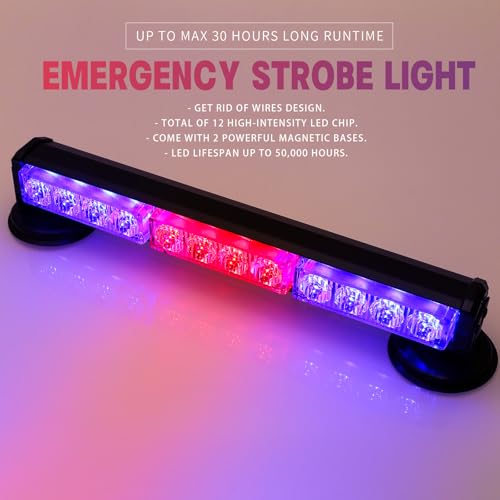 14" Red/Blue Battery Powered Police Firefighter Emergency Strobe Lights Bar for Trucks/Vehicles Rechargeable Wireless Rooftop Mini Hazard Flashing LED Beacon Warning Light w/Magnetic Base - color: #05 Blue/Red/Blue, size: 14 inchs