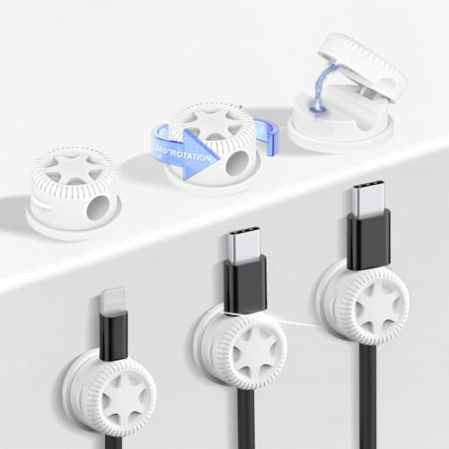 6Pack Cord Organizer Magnetic Cable Clips, 360° Rotation Cable Clips - Adjustable Cord Holder for Nightstand, Adhesive Cable Management Cord Clips, Cable Holder & Charger Organizer（White - color: white