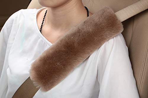 U&M 2 Pack Genuine Sheepskin Auto Seat Belt Cover for Adult Youth Kid Toddlers -Soft Warm Car, Truck, SUV, Camera Backpack Strap Shoulder Pad Wool Fluffy - color: Tan