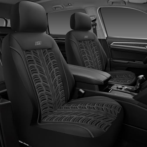 Skechers Slip-Ins Seat Covers, Memory Foam 3D Tyre Embossed Leather Car Seat Covers Front Seats Airbag Compatible, Universal Automotive Comfort for Most Cars, Vans, Trucks, SUV, Black - color: Black and Black, size: Two Front