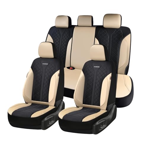 Coverado Seat Covers Full Set, Beige Car Seat Covers, PU Leather & Breathable Mesh Seat Protectors, 5-Piece Automotive Seat Covers, Universal Fit for SUVs, Trucks, Sedans - color: A-Beige&Black, size: FullSet