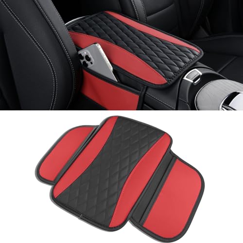 Leather Car Center Console Cover with Side Pockets, Upgraded Arm Rest Cover for Car Seat Organizer, Middle Console Cover Stylish Car Decoration, Universal for Most Vehicles (Red) - color: Red