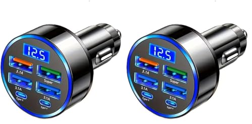USB-C 6-Port Super Fast Car Charger with LED Voltage Monitor | Multi-Device Cigarette Lighter Adapter Compatible with iPhone, Samsung, Huawei, OnePlus, Oppo & Vivo Phones (Pack of 2) - size: 6 Port (Pack of 2)