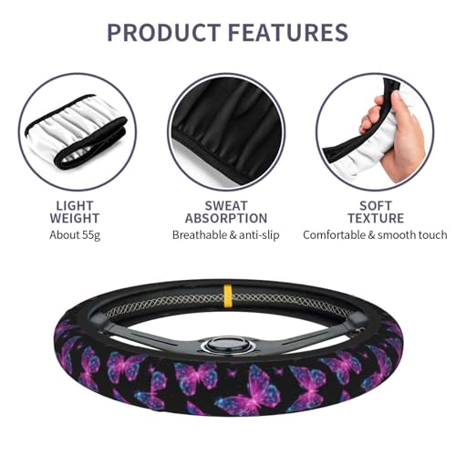 Purple Butterfly Steering Wheel Cover Elastic Non-Slip Car Steering Wheel Covers with Seat Belt Shoulder Pad For Women Men - color: Butterfly