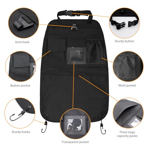 Car Seat Back Organizer with Multiple Pockets and Hook - color: black
