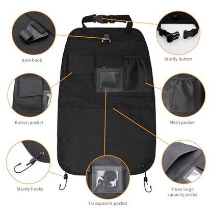 Car Seat Back Organizer with Multiple Pockets and Hook - color: black