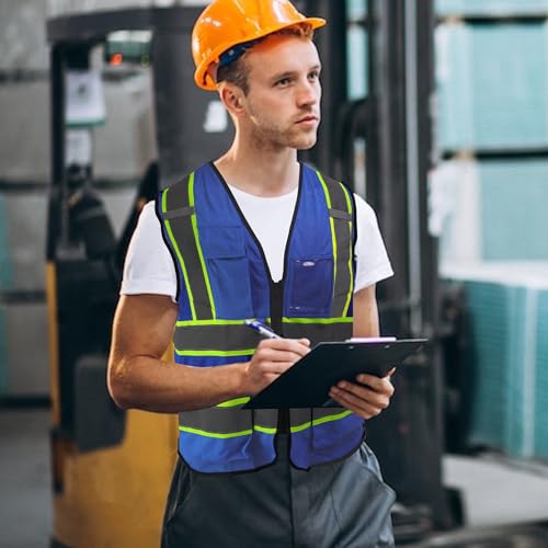 A-SAFETY Mesh High Vis Vest Lightweight Reflective Construction Vest with Pockets Safety Vest for Men/Women - color: Dz-blue, size: Small