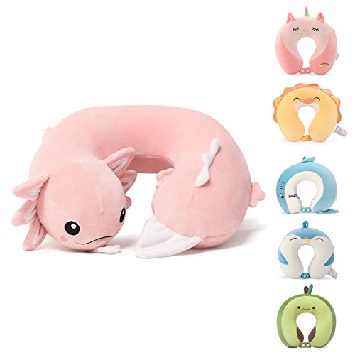 Niuniu Daddy Axolotl Kids Travel Pillow Road Trip Essentials for 9-12 Years Old - Soft Memory Foam Kids Neck Pillow for Airplane Travel Sleeping Essentials- Luminous Cervical Neck Pillow for Adults - color: Axolotl, size: 9-12 Y/O