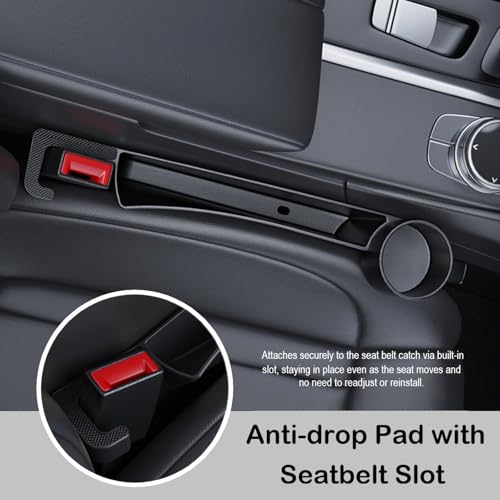 Car Seat Gap Plug with Storage Slot, Auto Gap Filler Organizer with Cup Holder, Universal Carseat Side Gap Filler Strip 2 Pack Between Front Seats & Console, Anti-Drop Pad with Seatbelt Holes, Black - color: Black, Cup Holder & Hook