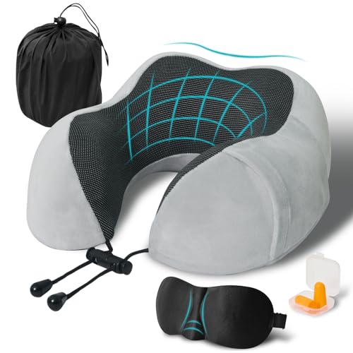 Travel Pillow, Memory Foam Neck Pillow for Traveling, U Shape Neck Pillow Airplane Portable Flight Pillow Travel Kit with 3D Contoured Eye Masks and Earplug for Plane Train Car Home Office - Grey - color: Grey