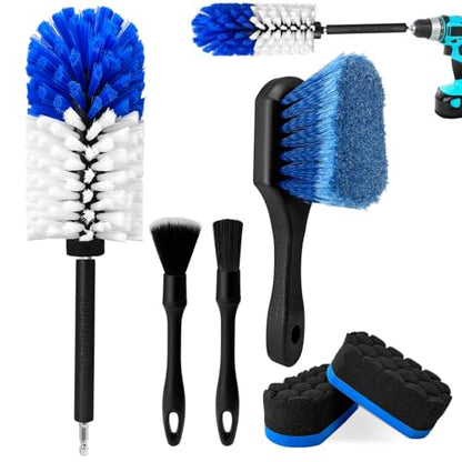 Car Wheel Brush Kit, Soft Drill Wheel Cleaner Brush, Tire Brush, Detailing Brush, and Detailing Pads, No Scratches Car Wheel Cleaning Kit for Wheels, Tires, Rims, Engines, Exhaust(Blue+White, 6 Pack) - color: Blue+white 6 Pk