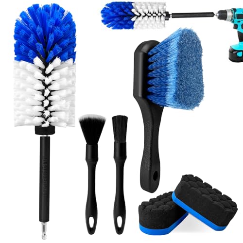 Car Wheel Brush Kit, Soft Drill Wheel Cleaner Brush, Tire Brush, Detailing Brush, and Detailing Pads, No Scratches Car Wheel Cleaning Kit for Wheels, Tires, Rims, Engines, Exhaust(Blue+White, 6 Pack) - color: Blue+white 6 Pk