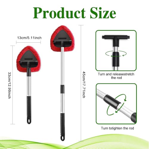 Windshield Cleaning Tool, Car Window Cleaner with 4 Washable Reusable Microfiber Pads, Auto Interior Exterior Extendable Long Handle Glass Wiper Cleaning Kit Universal for Office and Home (Red) - color: Red