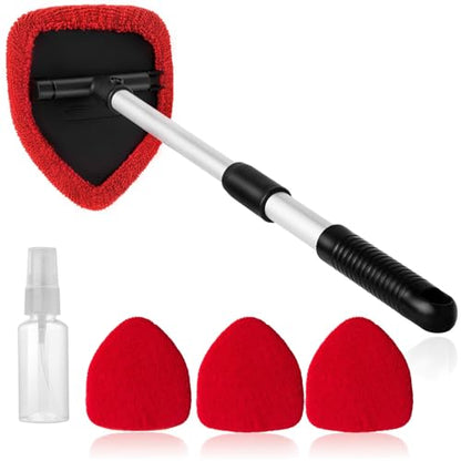 Qydipclin 11pcs Windshield Cleaner Tool, Car Window Cleaning Wash Kit with 6 Reusable Microfiber Pads 2 Spray Bottles and Extendable Handles Auto Glass Wiper Kit, Red - color: Red
