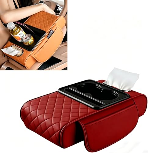 Multifunctional Car Armrest Cover with Cup Holder, Universal Fit Center Console Cover, High Resilience Foam, Tissue, Phone Stand and Multi Pocket Organizer (Red) - color: Red