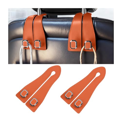 2PCS Car Headrest Hooks, Nappa Leather Metal Vehicle Double Seat Back Storage Hook for Purse Bag Coat, Multifunctional Automotive Interior Hanging Hanger, Universal Fit (Orange) - color: Orange