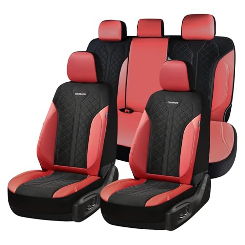 Coverado Seat Covers Full Set, Waterproof Car Seat Covers, PU Leather & Breathable Mesh Seat Protectors, 5-Piece Automotive Seat Covers, Universal Fit for SUVs, Trucks, Sedans - color: A-Red&Black, size: FullSet