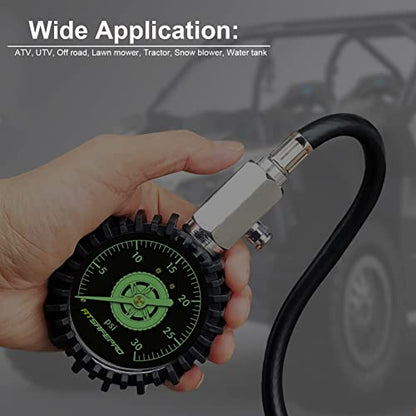 ATsafepro Low Pressure Tire Gauge to 30PSI, 2.5” Mechanical Tire Gauge with Flexible Hose and Angled Chuck, Analog Air Pressure Gauge Glow in The Dark for ATV, Off Road, Lawn Mower Etc - size: 30 PSI