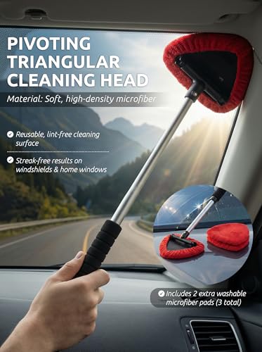TAKAVU Windshield Window Cleaner Tool, Extendable Long-Reach Handle, Unique Pivoting Triangular Head, 3 Washable Reusable Microfiber Bonnets, Car & Home Inside Interior Exterior Use - Lint Free (Red) - color: Black & Red