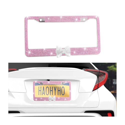 Bling Bow Car License Plate Frame, 2PCS Sparkly Rhinestone Vehicle License Plate Cover for Women Girls, Diamond Automotive Front Rear Number Tag Holder, Universal for SUV RV (Pink/White) - color: Pink/White