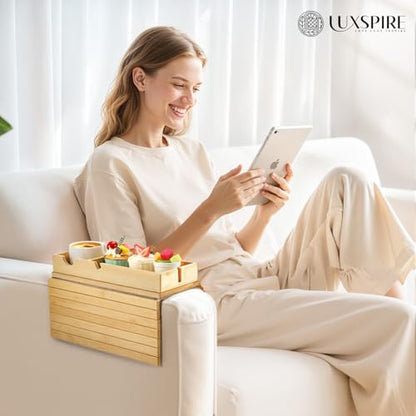 Luxspire Couch Armrest Table, 2-in-1 Magnetic Detachable Sofa Arm Tray with Cup Holder and Phone Holder, Foldable Bamboo Couch Cup Holder for Remote Controls, Phones, Snacks, Cups, Burlywood - color: Burlywood