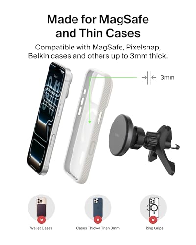 Belkin Wireless Car Charger, Magnetic Car Vent Mount w/ 3.3ft USB C Cable, Qi2 MagSafe Compatible Fast Charging iPhone Charger for iPhone 17, Galaxy S26, Pixel 10, & More - Travel Accessories - Black - style: Vent Mount
