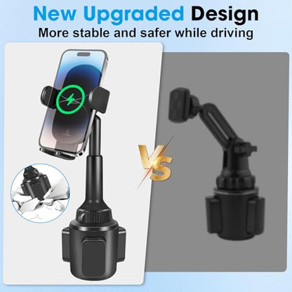 DEGUM Upgraded Wireless Car Charger, Cup Holder Phone Mount with 15W Fast Charging Phone Holder Adjustable Long Arm Height, Compatible with iPhone 16 15 14 13 Samsung LG and More (with Car Adapter)
