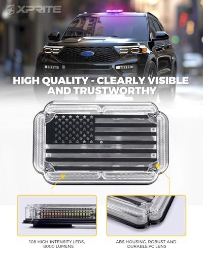 Xprite 108 LED Roof Top Strobe Light, US Flag Pattern Police Flashing Light, Emergency Hazard Warning LED Mini Strobe Lightbar w/Magnetic Base for Police Cop Firefighter EMS Vehicles Truck, Red Blue - color: Red Blue