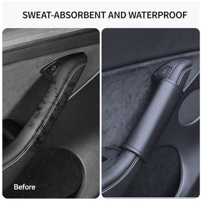 4PCS Door Handle Cover Compatible with Tesla Model Y 2020-2026 & Model 3 2020-2026 Anti-Scratch Door Handle Protector Grab Leather Soft Handle Plate for Model Y or Model 3 Accessories