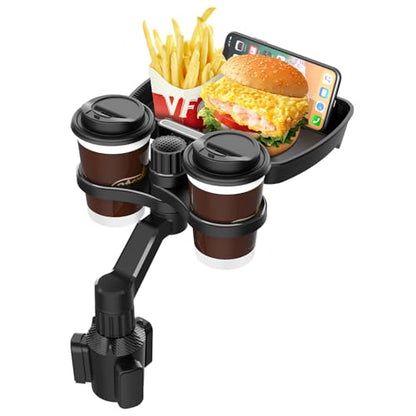 Biupky Car Cup Holder Expander, 4-in-1 Universal Cup Holder Tray Compatible with 2.6" to 3.94", Multi Cup Holders Table with Large Food Tray Phone Mount, for Travel Auto Trucker Road Trip Essentials