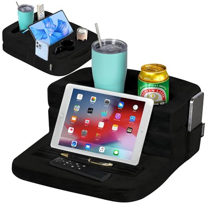 TabCouchCaddy - Couch Cup Holder Tray Pillow - Bed, Couch Caddy, Sofa, RV & Car - Holds Drinks, Snacks, Remotes, Phones, Kindle, Tablet | Bed Cup Holder (Black)