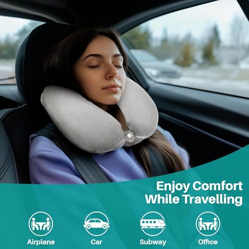 RAINFLOW Neck Pillow for Airplane Sleeping – Memory Foam Travel Pillow with Neck & Head Support, U-Shaped Design for Long Flights, Portable Adult Neck Support Pillow with Washable Cover (Grey)