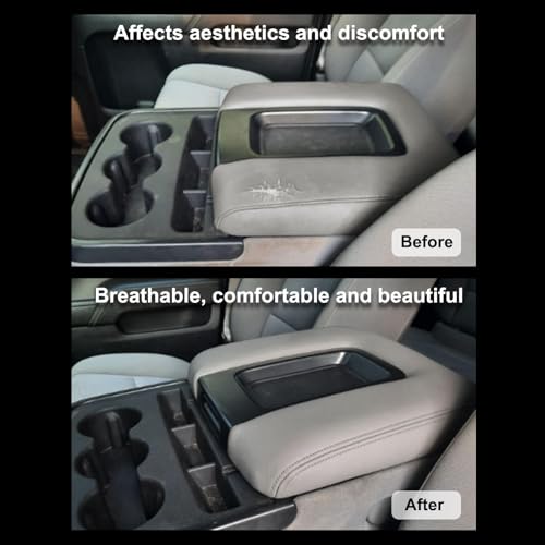 SecosAutoparts Light Gray Leather Center Console Leather Lid Armrest Cover Replacement Compatible with Chevy Silverado 2014-2018 Compatible with GMC Sierra 2014 2015 2016 2017 2018 - color: Light Gray Leather & Light Gray Stitch