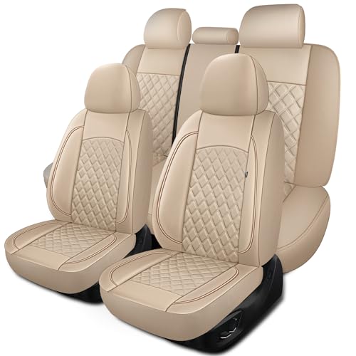 HChengkikz Car Seat Covers Full Set, Breathable and Waterproof Napa Leather Car Seat Cover, Interior Universal Fit for Cars, Sedans, SUVs, Vans, Trucks (Full Seat, Beige) - color: N3 Beige, size: Full Set