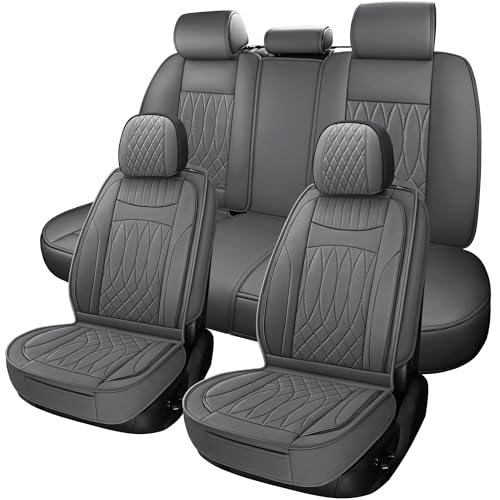 IRONTREE Leather Car Seat Covers Full Set, Waterproof Faux Leather Seat Covers for Cars, Non-Slip Car Interior Covers Universal Fit for Most Cars Sedans Trucks SUVs (Grey, Full Set)