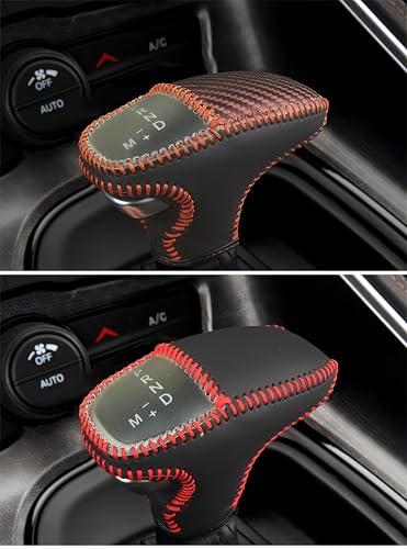 Leather Gear Shift Knob Covers for Dodge Charger Challenger 2015-2023 and Dodge Durango18-23,Carbon Fiber Leather Hand-Stitched Shifter Sleeve - color: Red