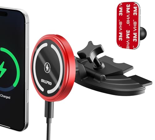 OHLPRO 15W Magsafe Car Mount Charger for iPhone 17, Fast Wireless Charging Magnetic CD Slot Holder with 3M Adhesive Base for Dashboard, Aluminum Shell, Compatible with iPhone 16 15 14 Series, Red - color: Red