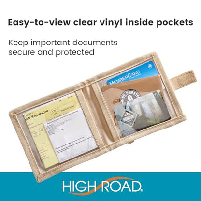 High Road Car Registration and Insurance Card Holder for Sun Visor, Glove Box or Console with 2 Clear Hidden Car Document Pockets and Front Card Pocket - color: Tan