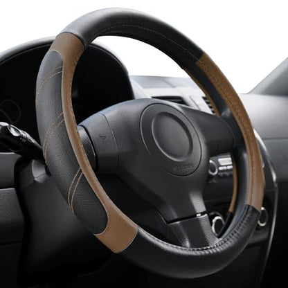 Elantrip Leather Steering Wheel Cover 15 1/2-16 inch Universal Padded Soft Grip Breathable for Car Truck SUV Jeep Anti Slip Brown - color: Black and Brown, size: 15 1/2 - 16 Inch