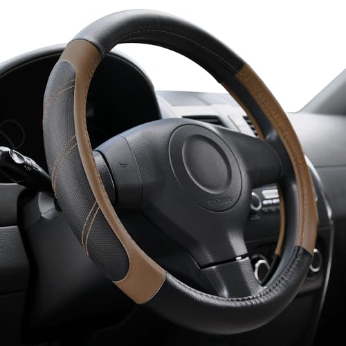 Elantrip Leather Steering Wheel Cover 15 1/2-16 inch Universal Padded Soft Grip Breathable for Car Truck SUV Jeep Anti Slip Brown - color: Black and Brown, size: 15 1/2 - 16 inch