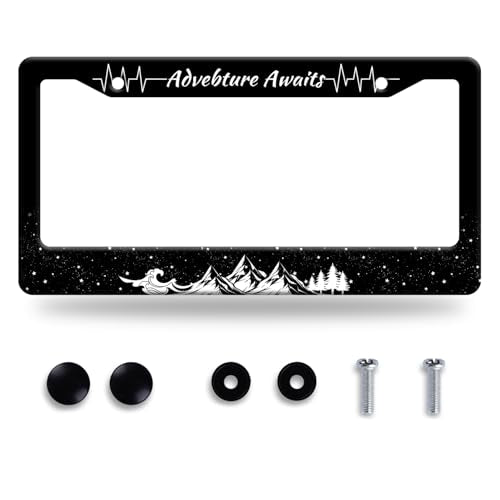 Advebture Awaits License Plate Frame Mountain Waves Forest License Plate Stainless Steel Rust-Proof Metal Funny License Plate Holder Car Accessory With Screws Car Decoration 12.3" x 6.3" For Men Women - color: Mountain With Adveture Awaits