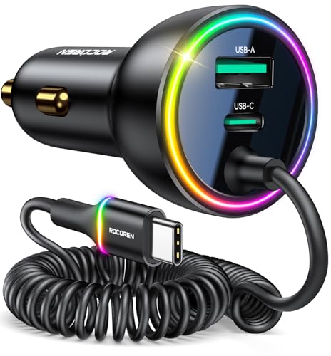 Rocoren 70W Car Charger for iPhone 17/16 Pro Max, USB C Car Charger Fast Charging with 8.2Ft Type C Coiled Cable, Super Fast Cigarette Lighter USB C Phone Adapter for iPhone 15, iPad, Samsung, Android - size: 98 inch