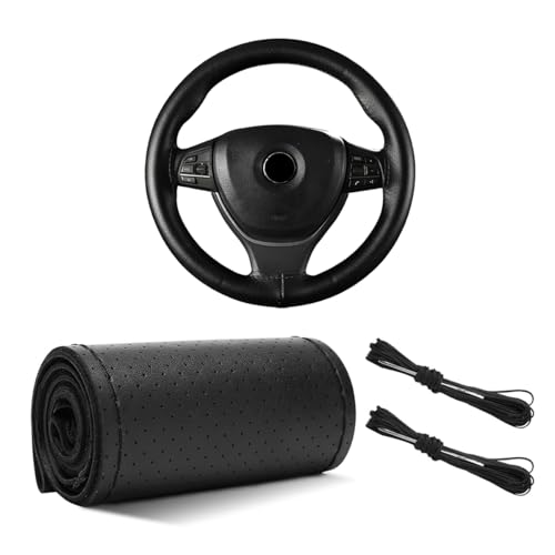 Yourkar Leather Steering Wheel Cover, 15"×15" Breathable Steering Wheel Cover DIY Kit with Needle Thread, Non-Slip Leather Stitch on Wrap Steering Wheel Protector, Car Accessories (Black) - color: Black, size: Perforated Design